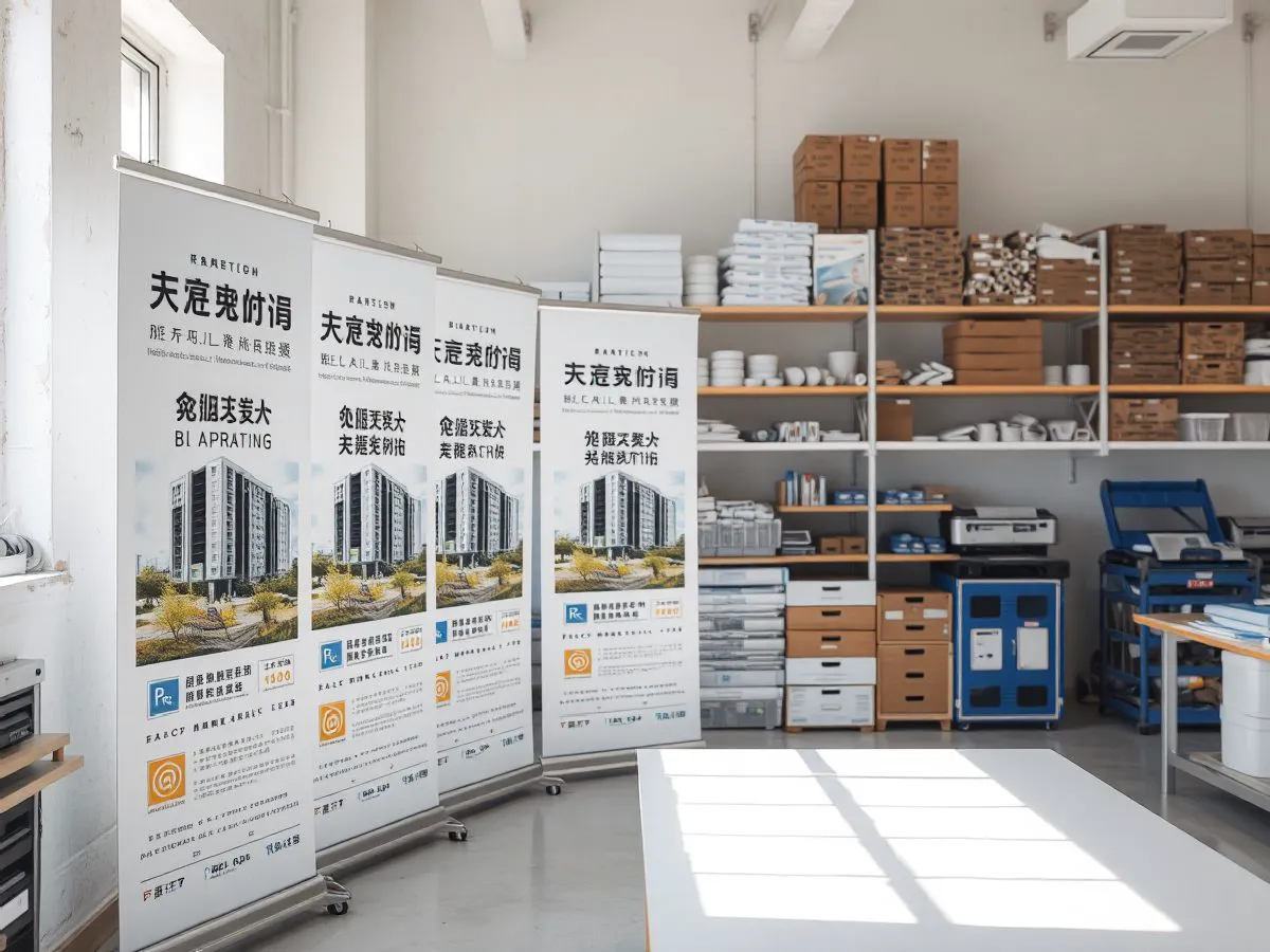 制作完成的易拉宝展架整齐排列在印刷车间