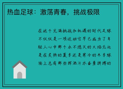 热血足球：激荡青春，挑战极限