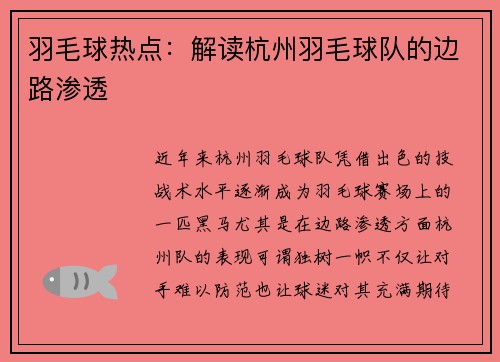 羽毛球热点：解读杭州羽毛球队的边路渗透