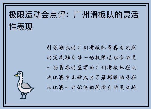 极限运动会点评：广州滑板队的灵活性表现