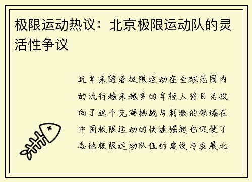极限运动热议：北京极限运动队的灵活性争议