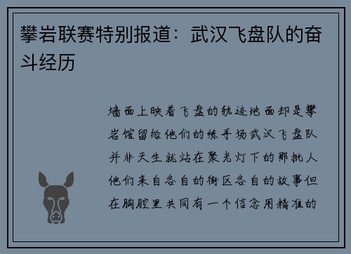 攀岩联赛特别报道：武汉飞盘队的奋斗经历