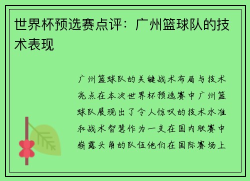 世界杯预选赛点评：广州篮球队的技术表现