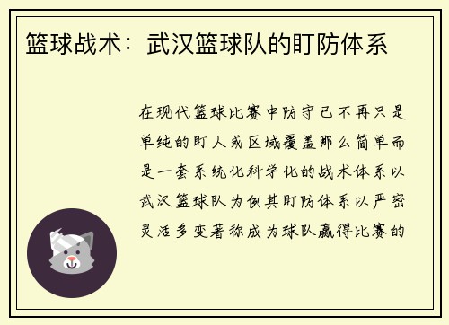 篮球战术：武汉篮球队的盯防体系
